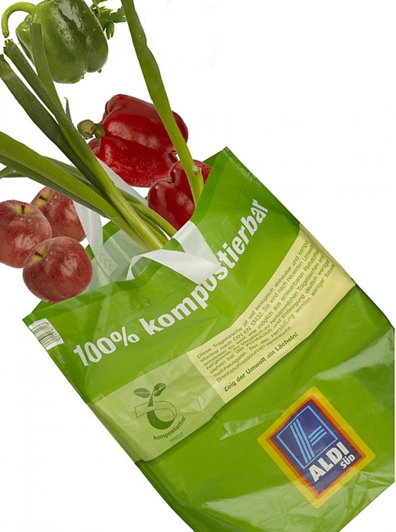 Biodegradable plastic Ecovio in German ALDI shopping bags