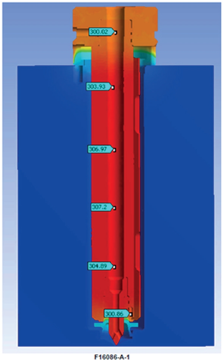 Obrázek 1. rovnoměrnost teplotního pole v tryskách typu F, výrobce Thermoplay Obrázek 1. rovnoměrnost teplotního pole v tryskách typu F, výrobce Thermoplay