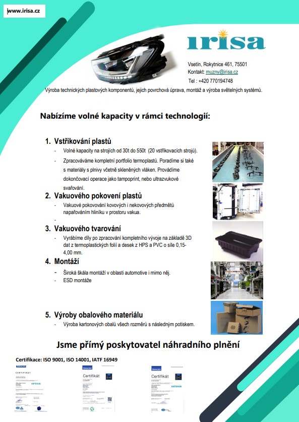 Cooperation: Vstřikování plastů - volná výrobní kapacita
